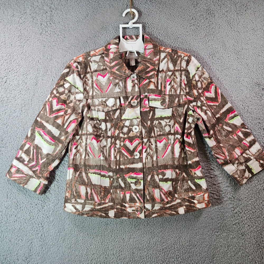 Chico's Blazer Jacket Women Size 1 Aztec Geometric Print Button Up - EUC